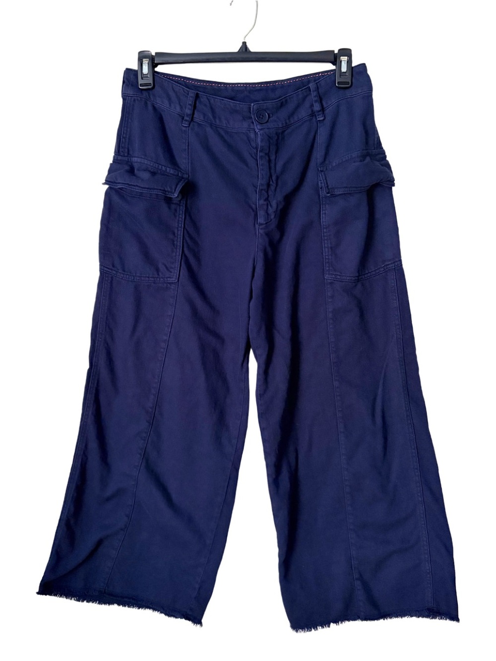 By Anthropologie Navy Wide Leg Soft Cotton Raw Hem Cargo Pants Trousers, Size 12